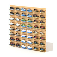 Precio de fábrica Calzado Tienda al por menor Zapato montado en la pared de madera personalizado Exhibición de pared de listones comerciales